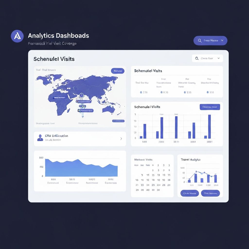 CRA Dashboard showing visit coverage, analytics, route maps, and scheduled visits